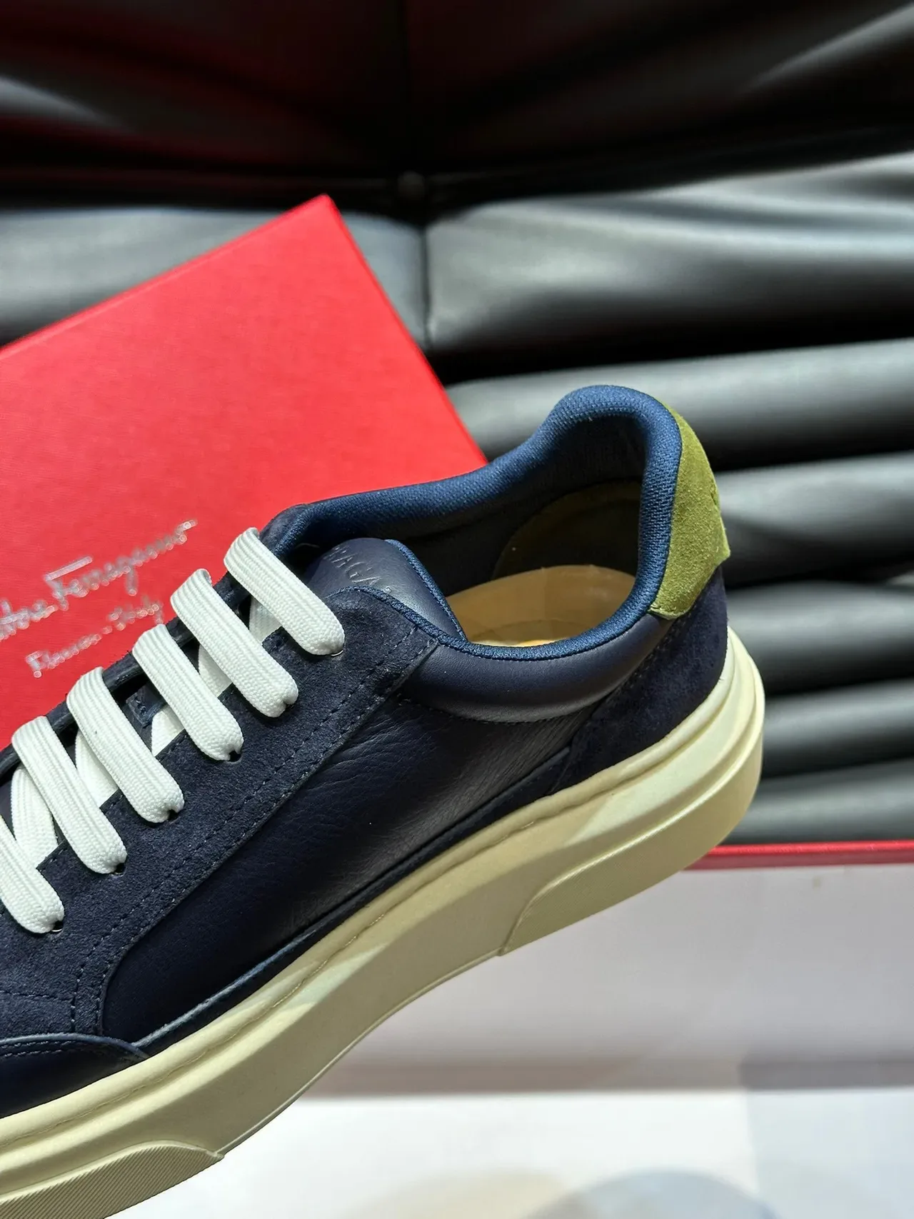 Salvatore Ferragamo Gancini Navy and White Lifestyle Sneakers 8
