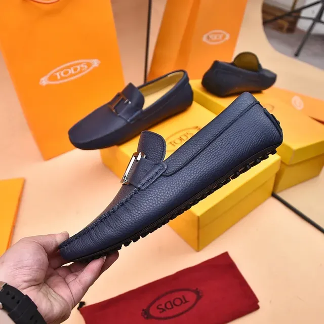 Tod's Double T Mocassins Cuir Grainé Bleu Marine 7