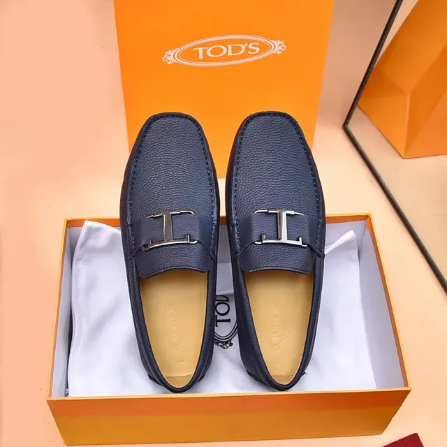 Tod's Double T Mocassins Cuir Grainé Bleu Marine 9