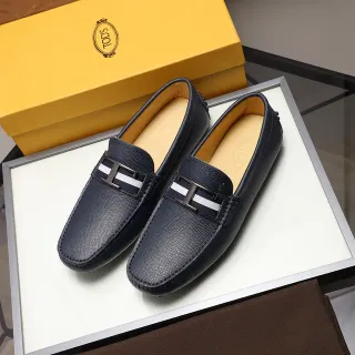 Tod's Gommino Loafer Navy White Pebbled Leather H-Bar Metal Buckle Loafer