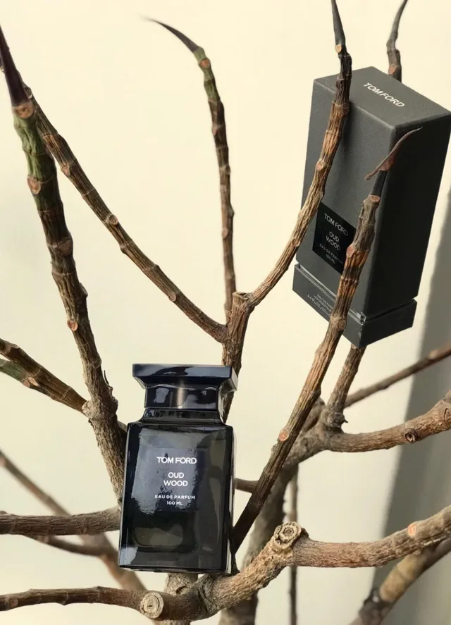 Tom Ford Oud Wood Botella rectangular de vidrio negra gris etiqueta minimalista perfume 6
