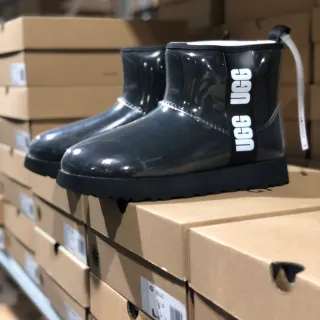 UGG Black White Glossy Transparent Side Logo Strap Snow Boots