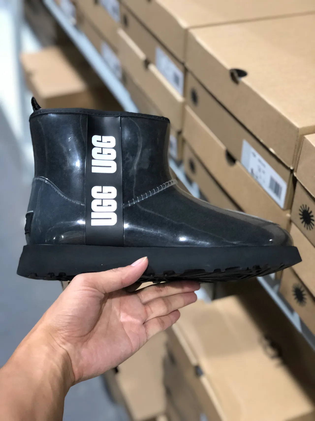 UGG Black White Glossy Transparent Side Logo Strap Snow Boots 7