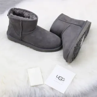 UGG Classic Mini Charcoal Gray Suede Shearling-Lined Snow Boots