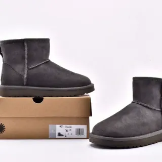 UGG Classic Mini Gray Suede Shearling-Lined Snow Boots