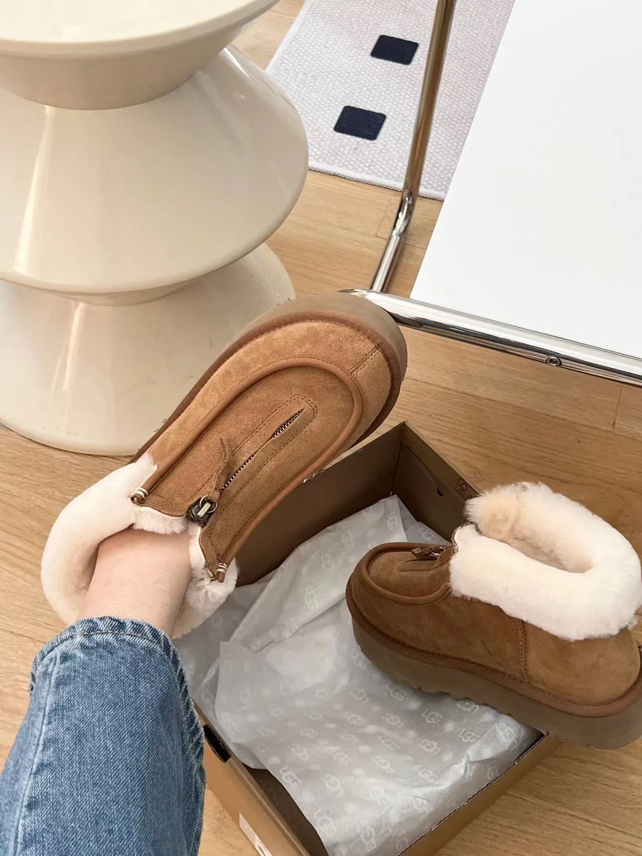 UGG Slip-On Platform Suede Shearling-Lined Snow Boots 7