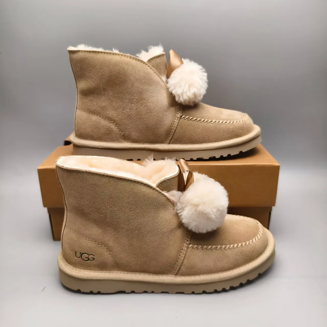 UGG Tasman Beige Suede Shearling-Lined Pom-Pom Snow Boots 3