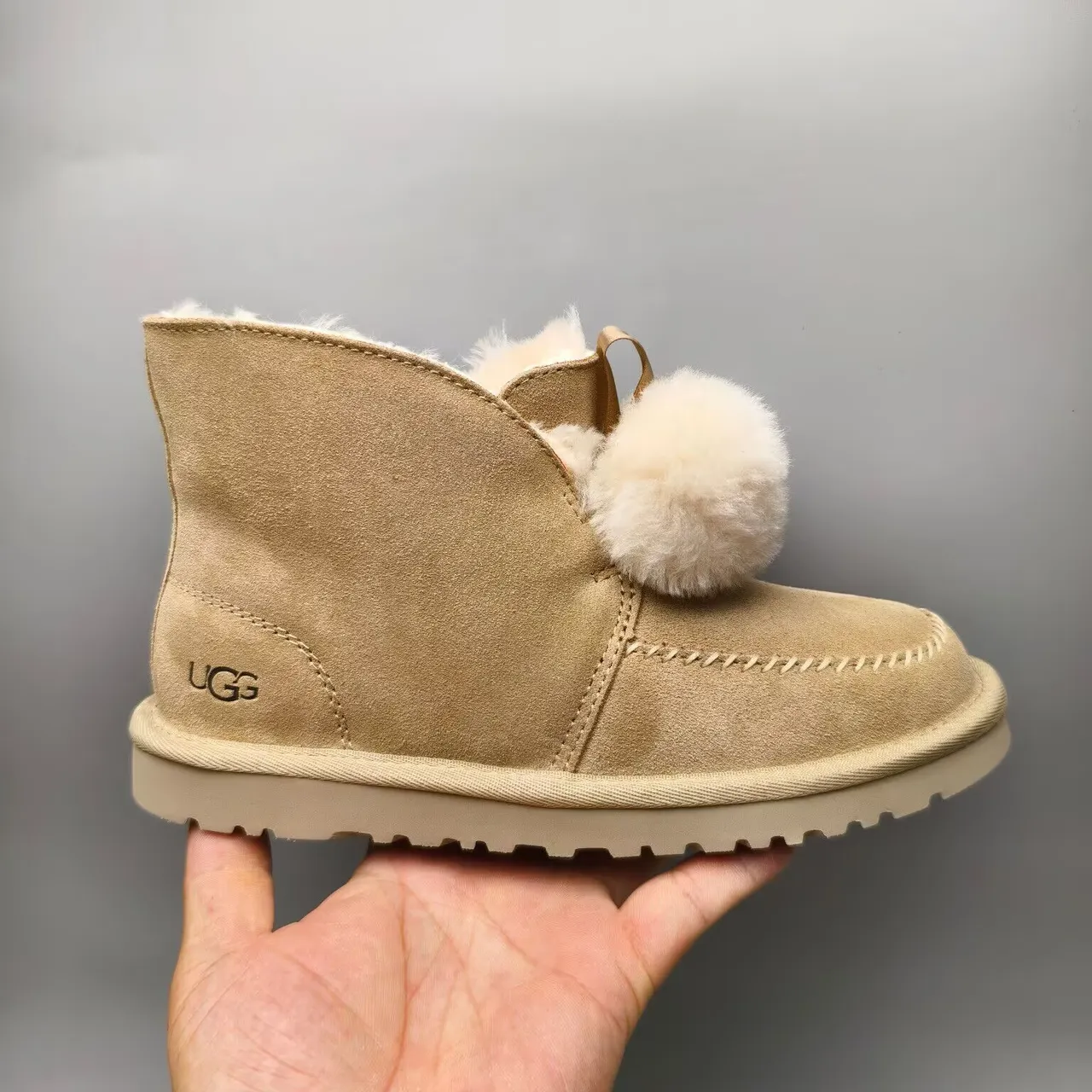 UGG Tasman Beige Suede Shearling-Lined Pom-Pom Snow Boots 4