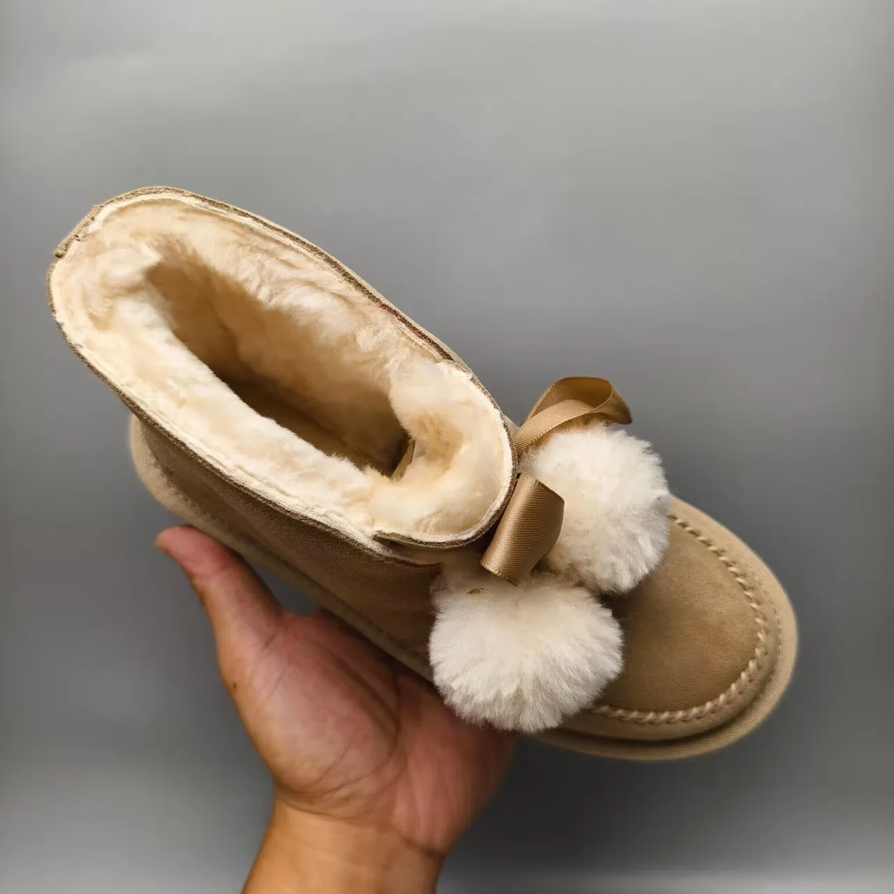 UGG Tasman Beige Suede Shearling-Lined Pom-Pom Snow Boots 6