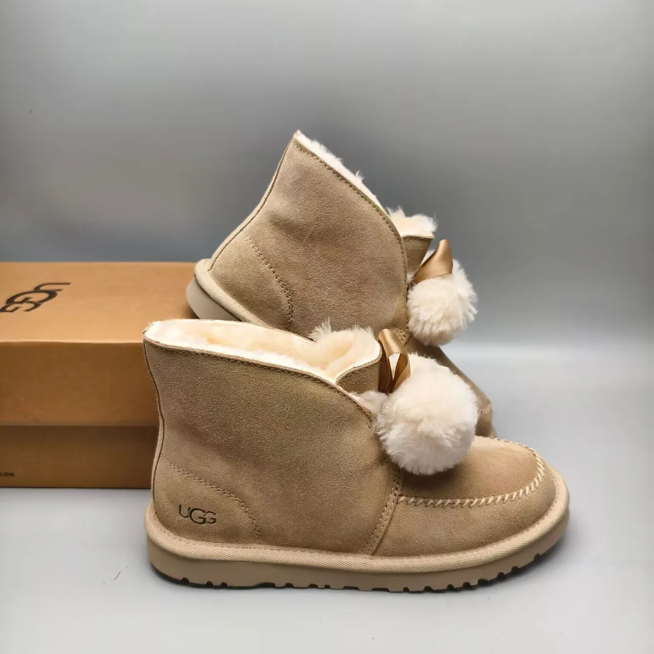 UGG Tasman Beige Suede Shearling-Lined Pom-Pom Snow Boots 7