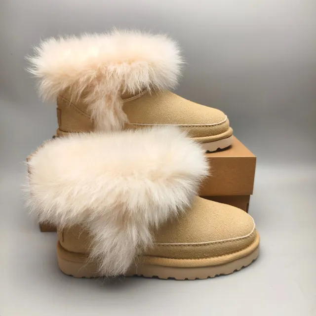 UGG Tasman Beige Suede Upper Plush Fur Cuff Snow Boots 5
