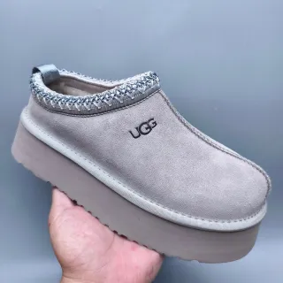 UGG Tasman رمادي بيج، قاعدة منصة، زخرفة حافة الياقة المنسوجة، حذاء كاجوال