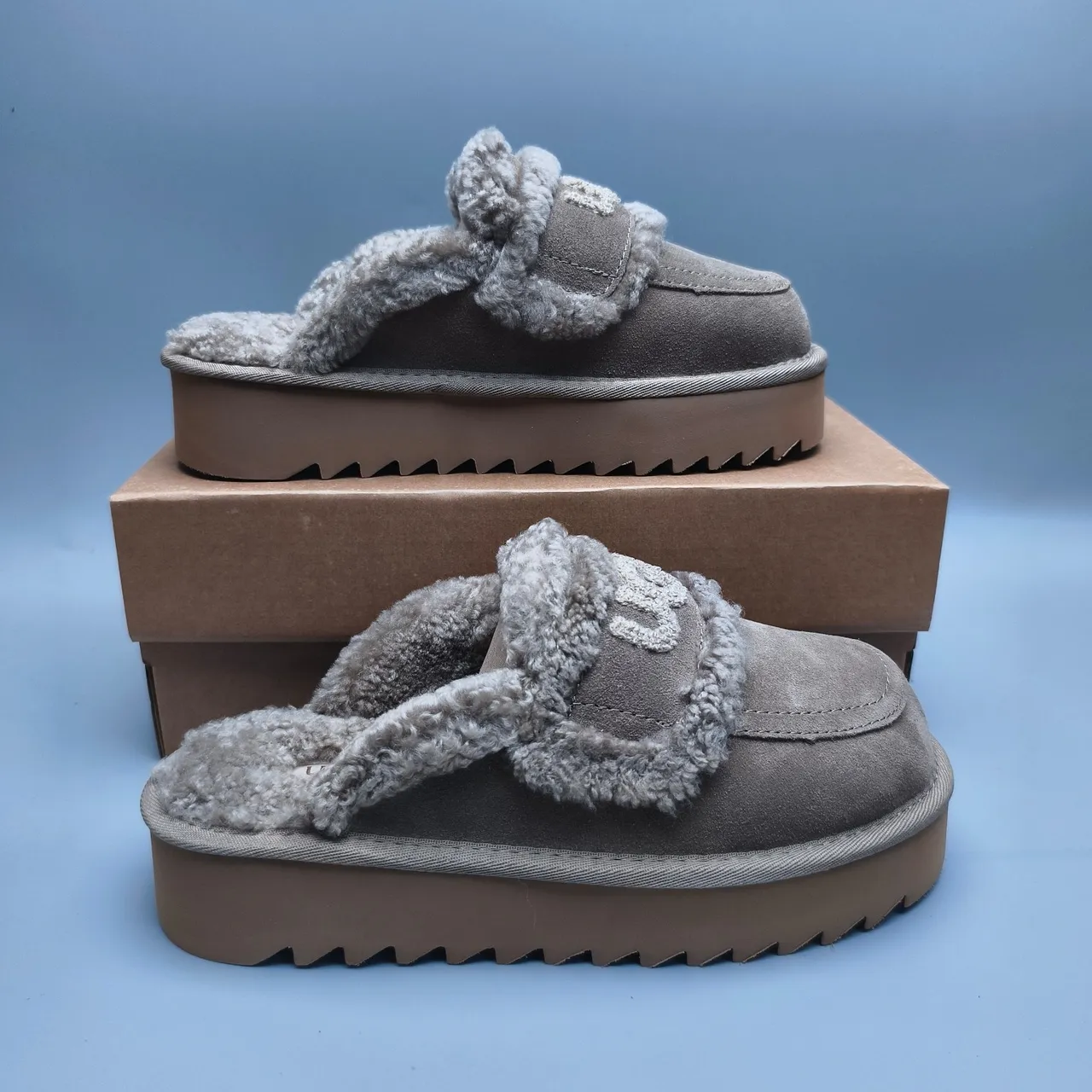 UGG Tasman Gray Brown Platform Sole Shearling-Lined Casual Shoes 5