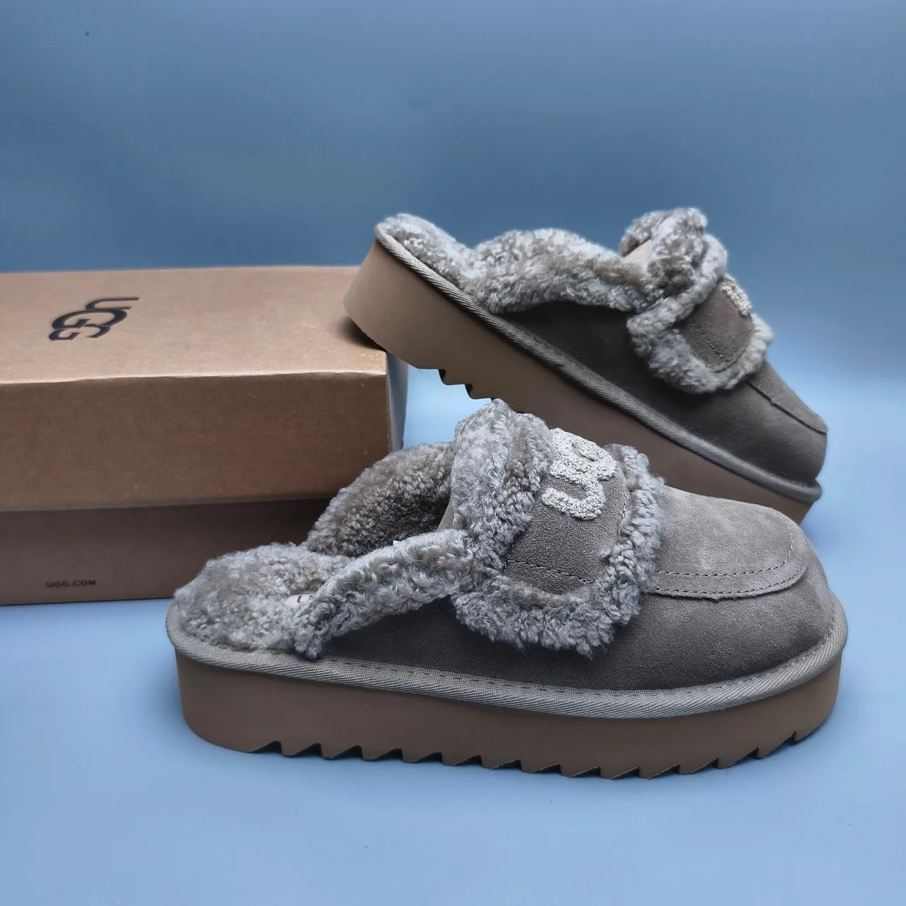 UGG Tasman Gray Brown Platform Sole Shearling-Lined Casual Shoes 6