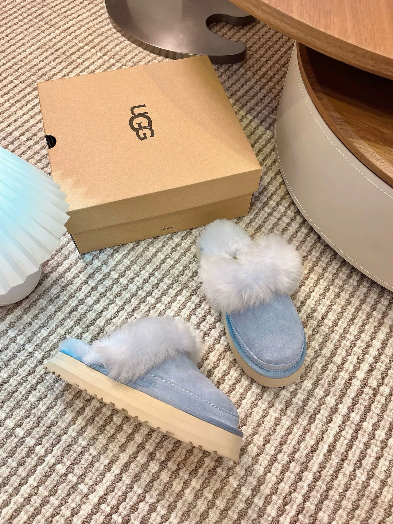 UGG Tasman Light Blue Fur-Trimmed Platform Slippers 2