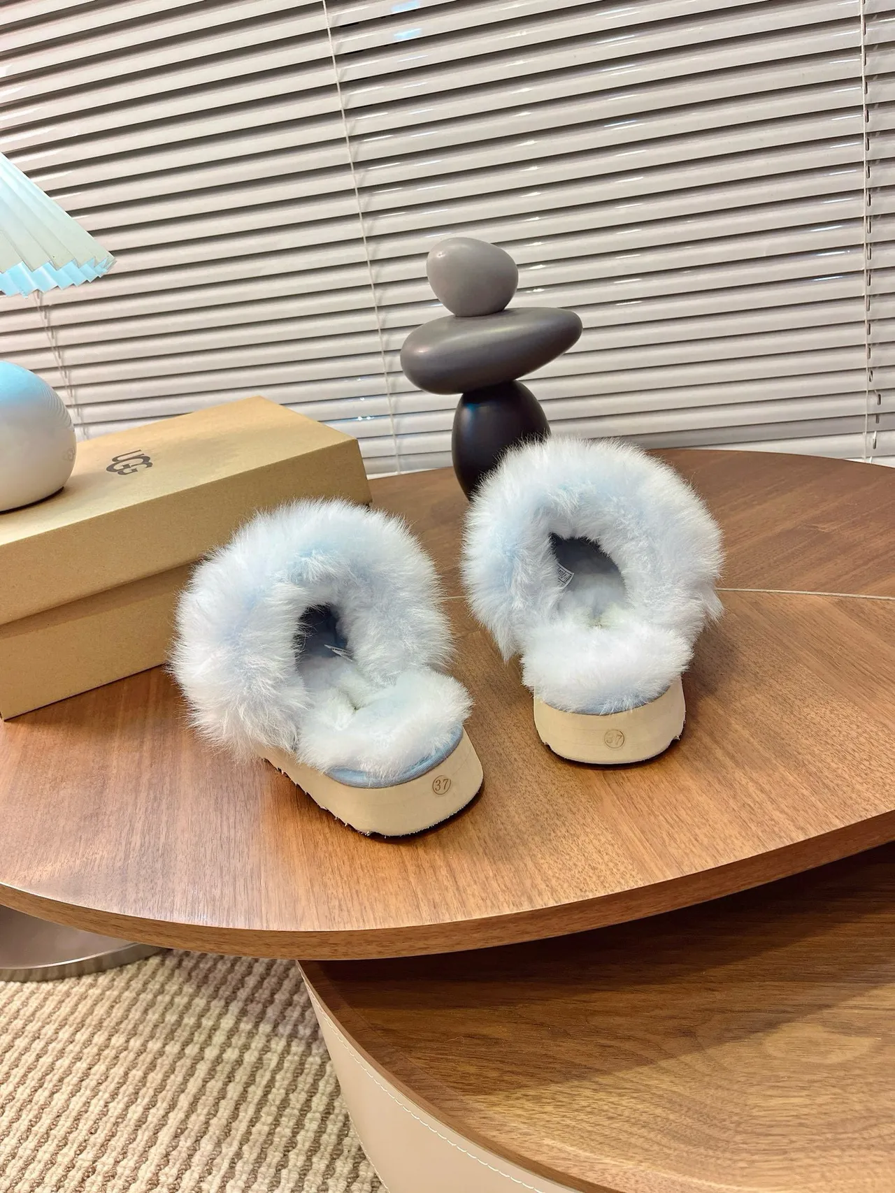 UGG Tasman Light Blue Fur-Trimmed Platform Slippers 5