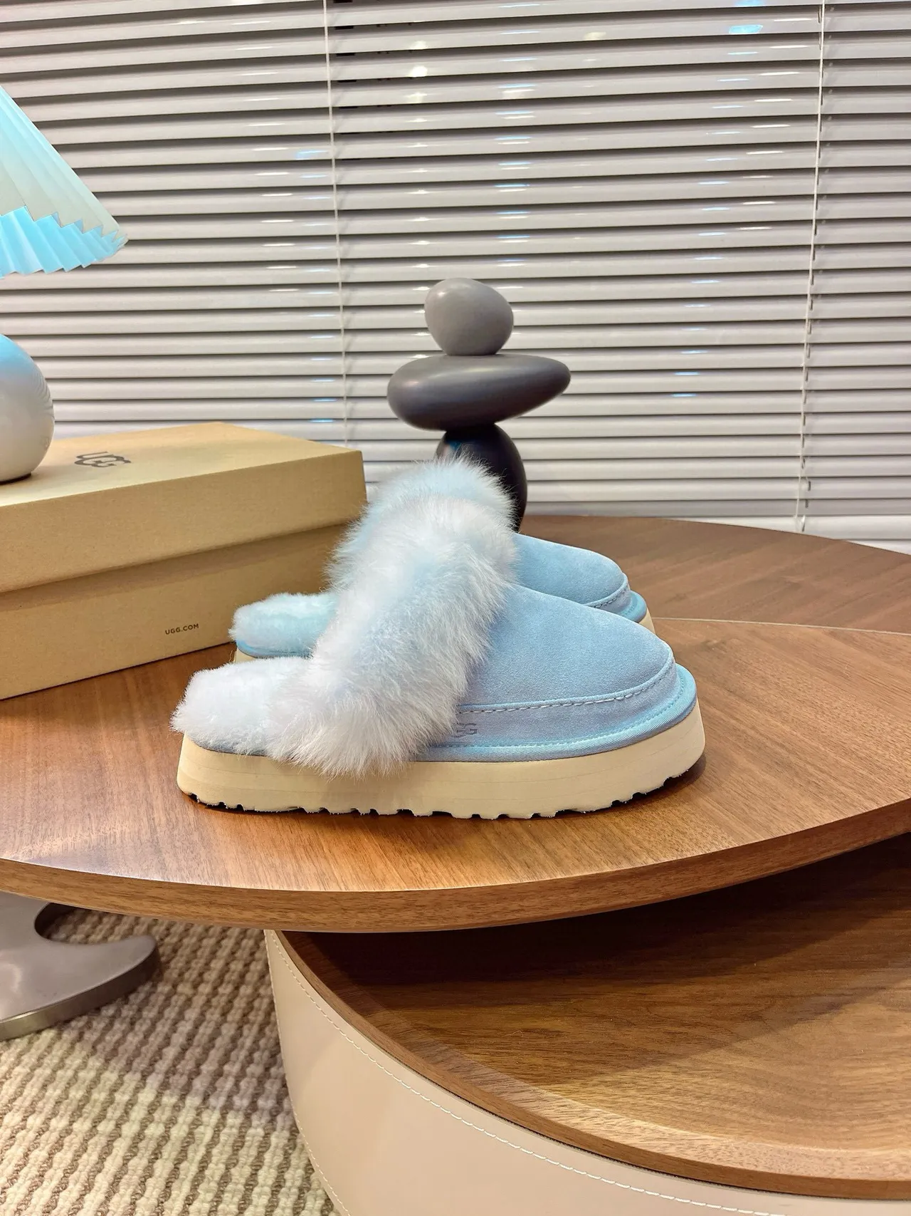 UGG Tasman Light Blue Fur-Trimmed Platform Slippers 7