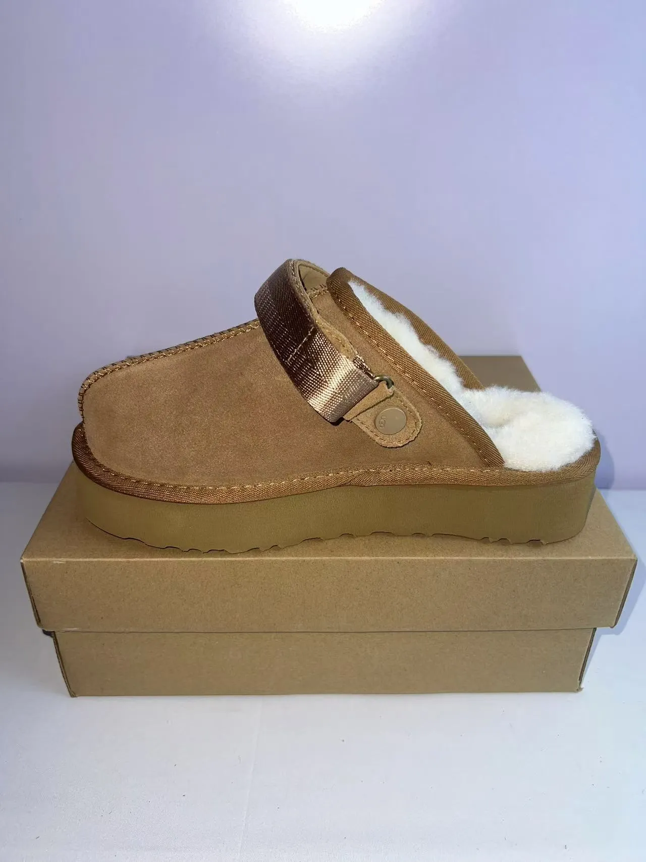 UGG Tasman Tan Suede Shearling-Lined Platform Slippers 5