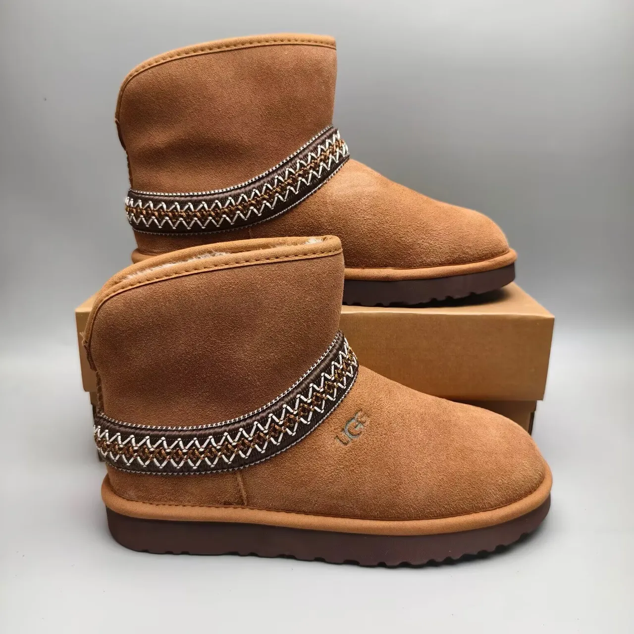 UGG Tasman Tan Suede Woven Band Snow Boot 6
