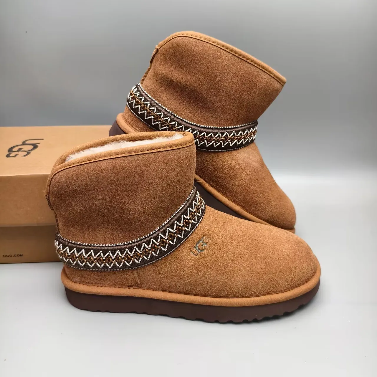UGG Tasman Tan Suede Woven Band Snow Boot 7