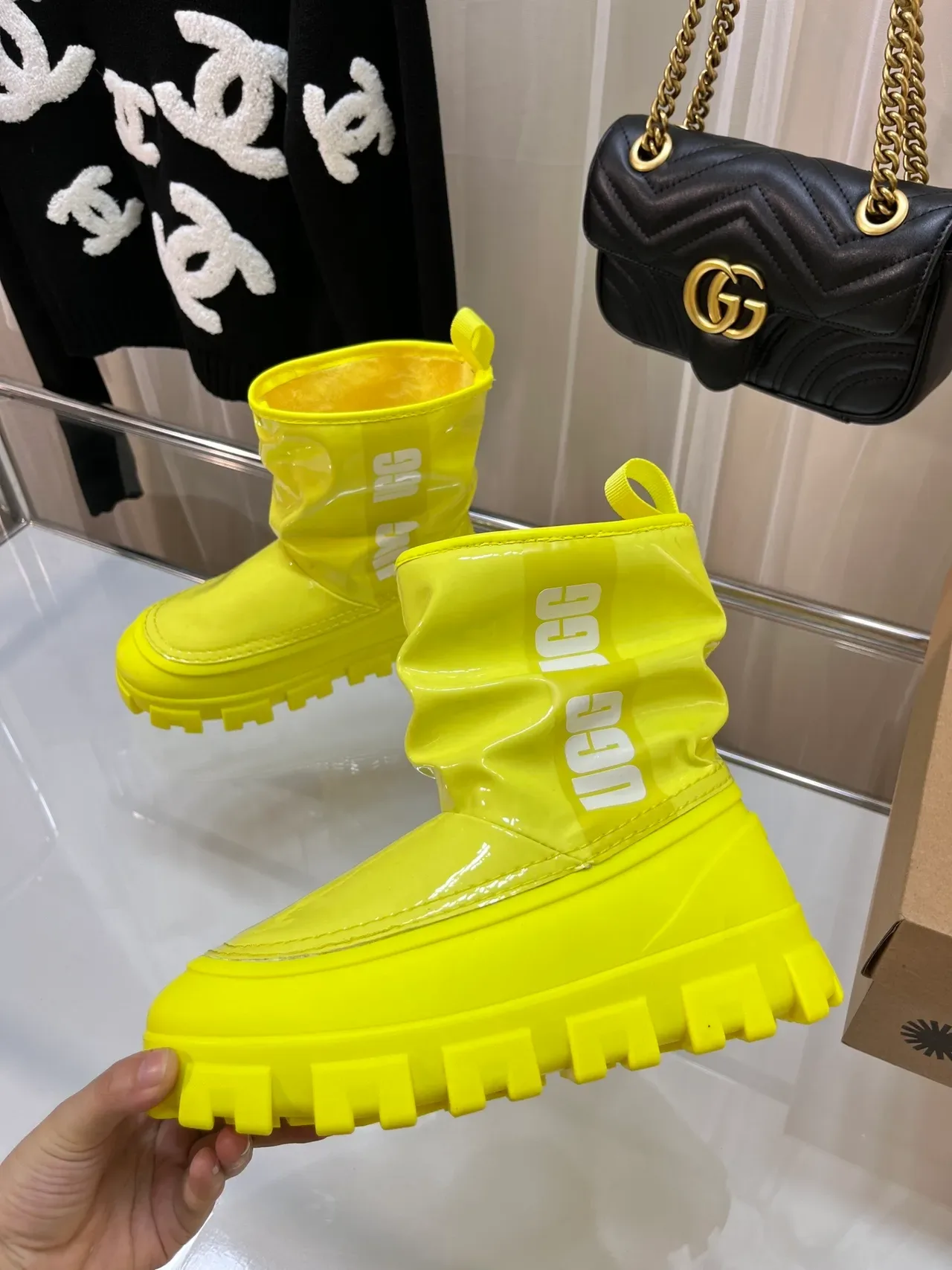 UGG Yellow Glossy Patent-Like Upper Chunky Lug Sole Snow Boots 3