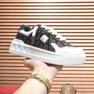 Valentino Brown White Monogrammed Textile Upper Geometric Pyramid Stud Chunky Sneakers
