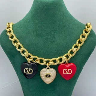 Valentino Gold Multicolor Chunky Curb Chain Triple Heart Pendants Necklace