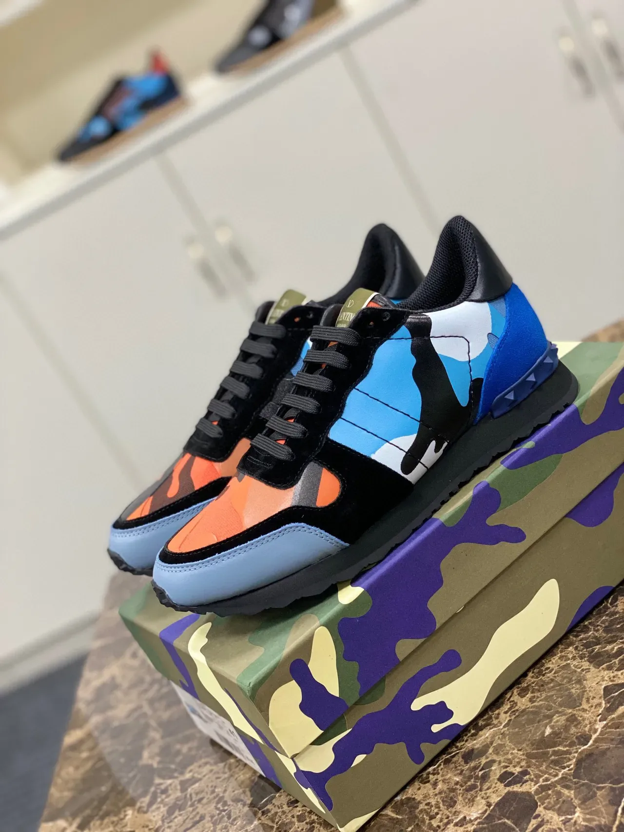 Valentino Multicolor Camouflage Panneau Couches Daim Et Synthétique Construction Style De Vie Baskets 1