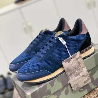Valentino Navy Burgundy Mesh-Suede Hybrid Upper Pyramid Stud Heel Detail Lifestyle Sneakers