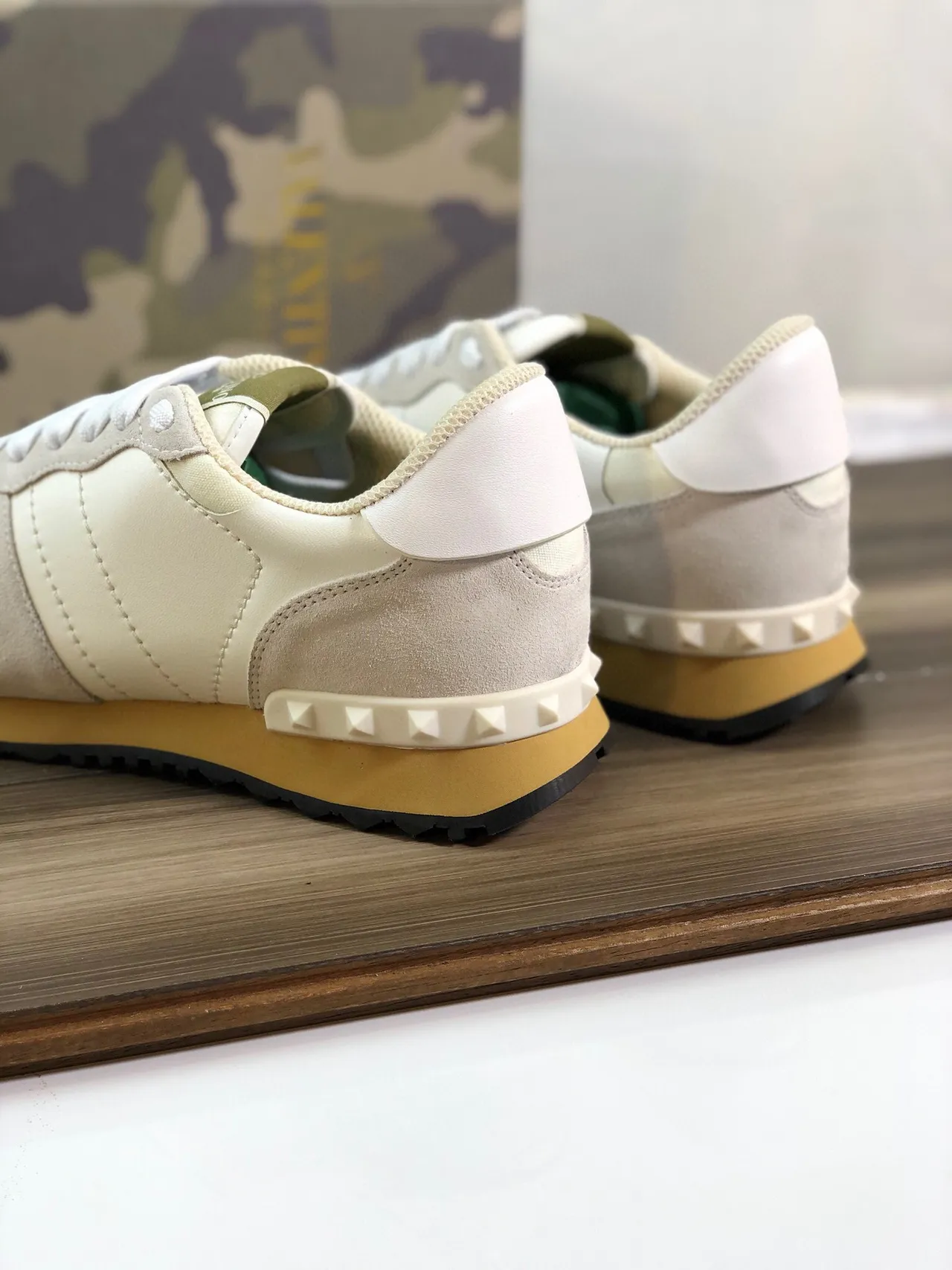 Valentino Rockstud Beige Gold Mixed-Material Upper Pyramid Stud Heel Lifestyle Sneakers 2