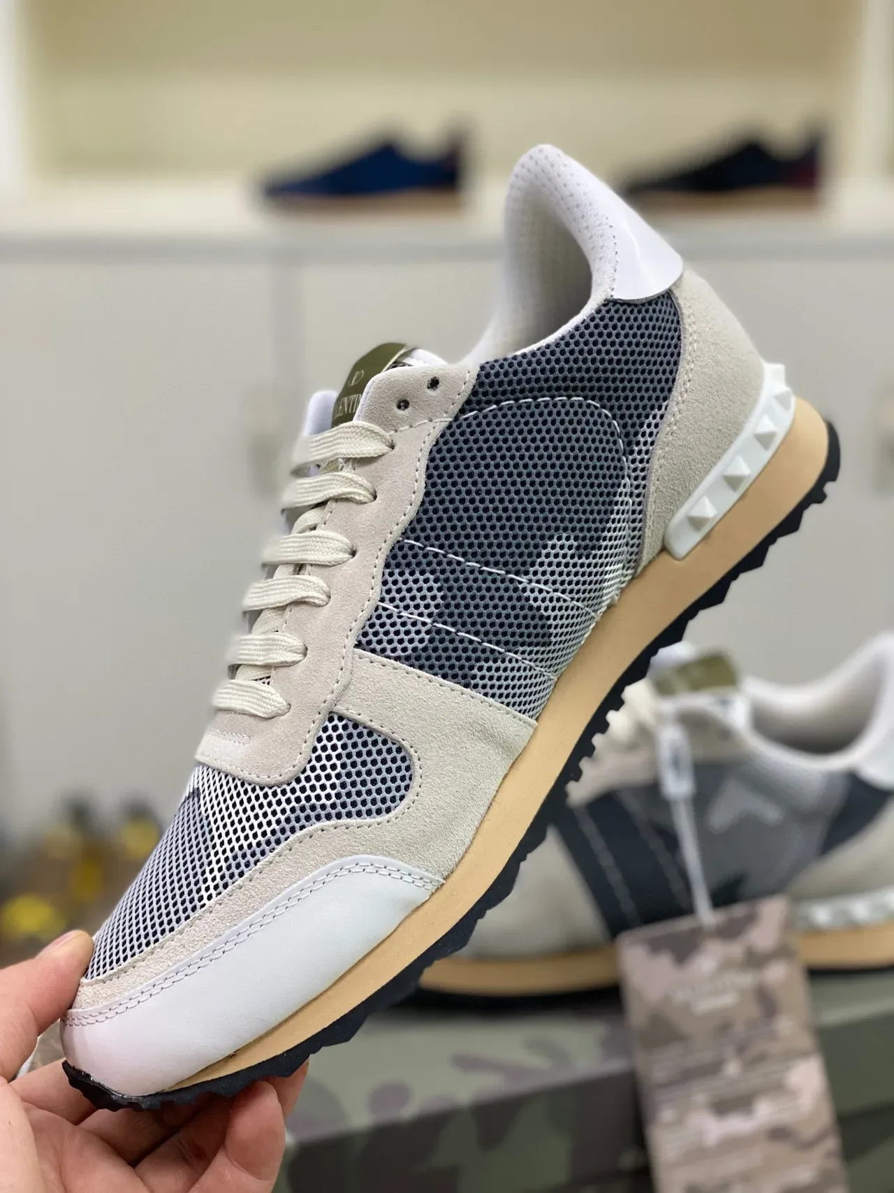 Valentino Rockstud Beige Navy Mesh And Suede Paneling Studded Rubber Sole Lifestyle Sneakers 2