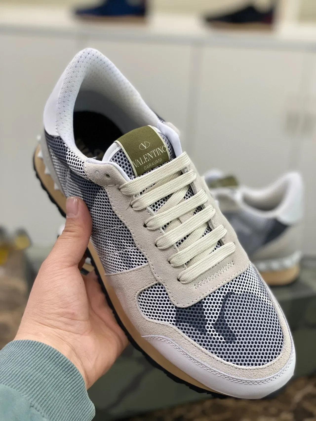 Valentino Rockstud Beige Navy Mesh And Suede Paneling Studded Rubber Sole Lifestyle Sneakers 3