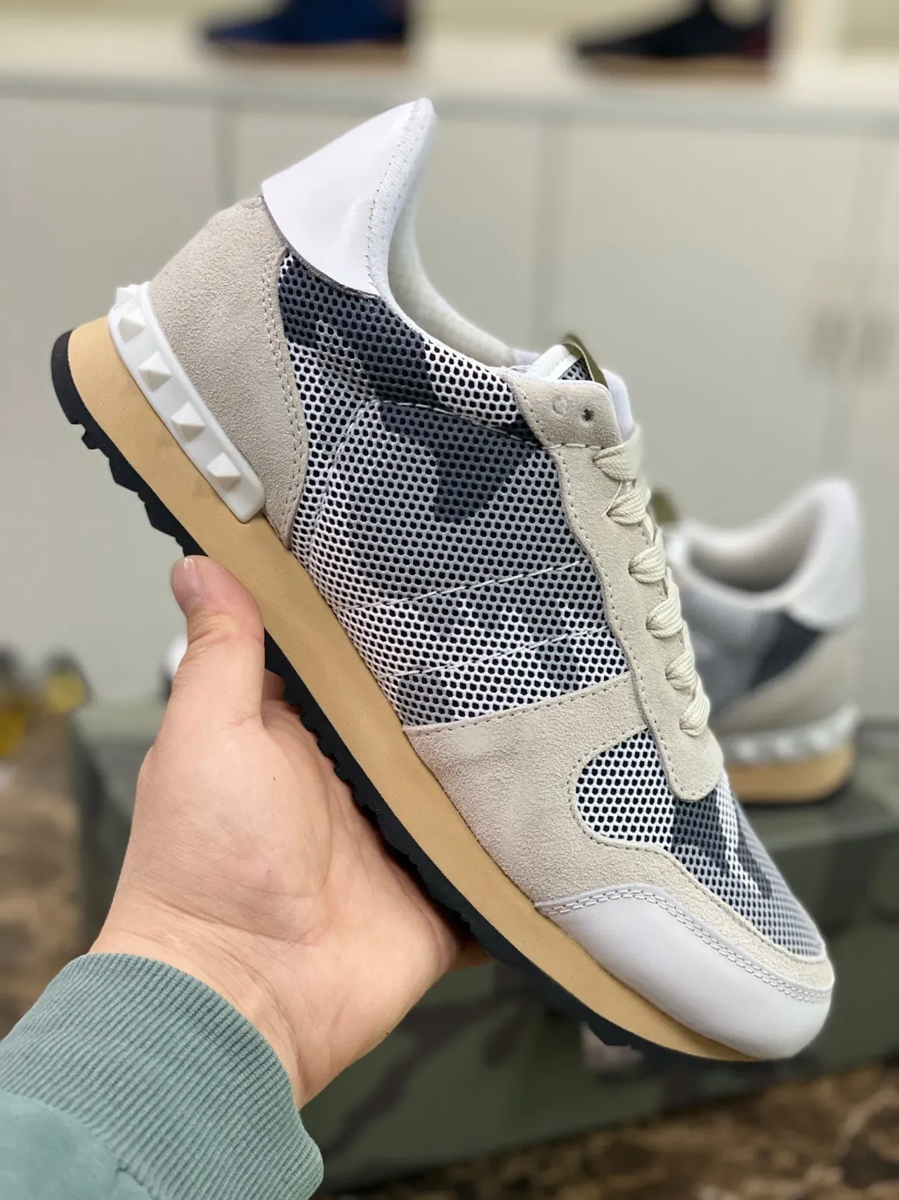Valentino Rockstud Beige Navy Mesh And Suede Paneling Studded Rubber Sole Lifestyle Sneakers 4