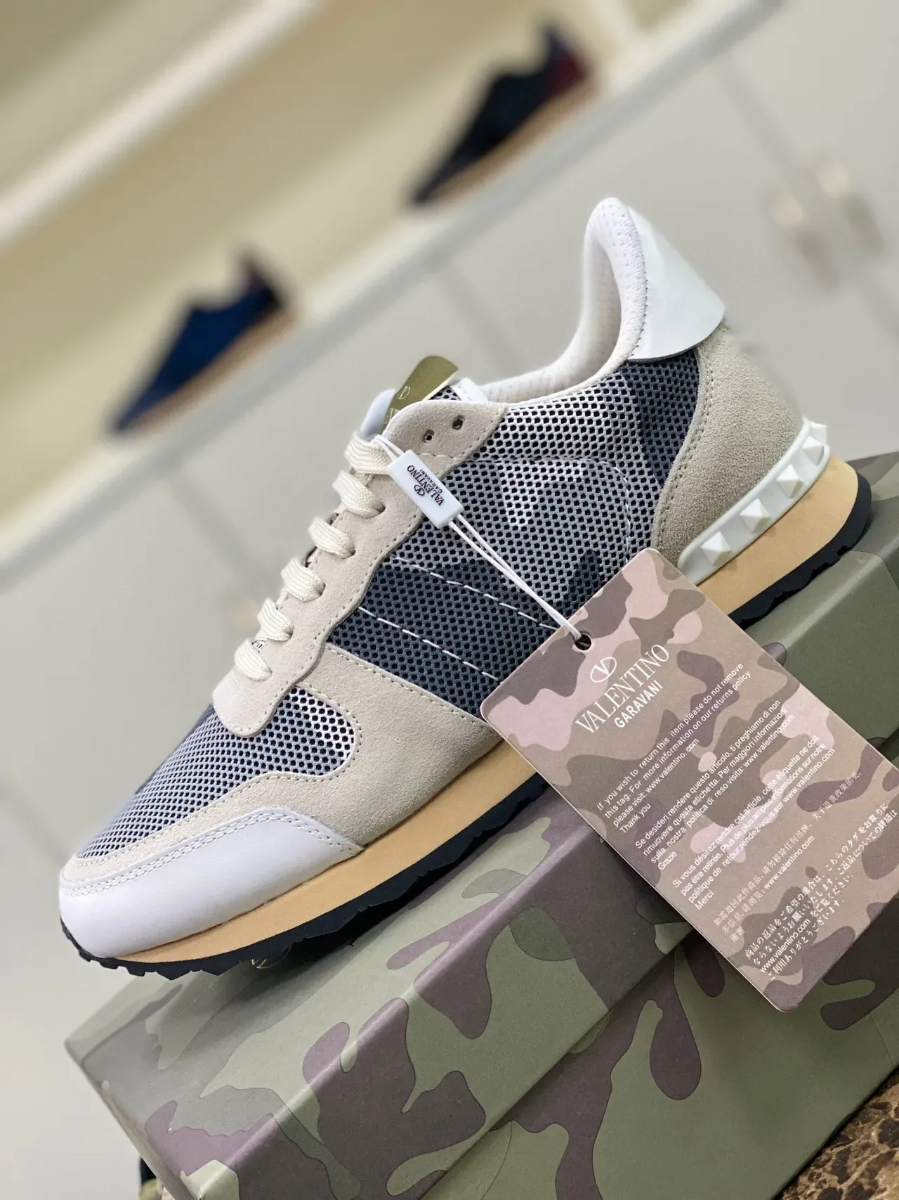 Valentino Rockstud Beige Navy Mesh And Suede Paneling Studded Rubber Sole Lifestyle Sneakers 5