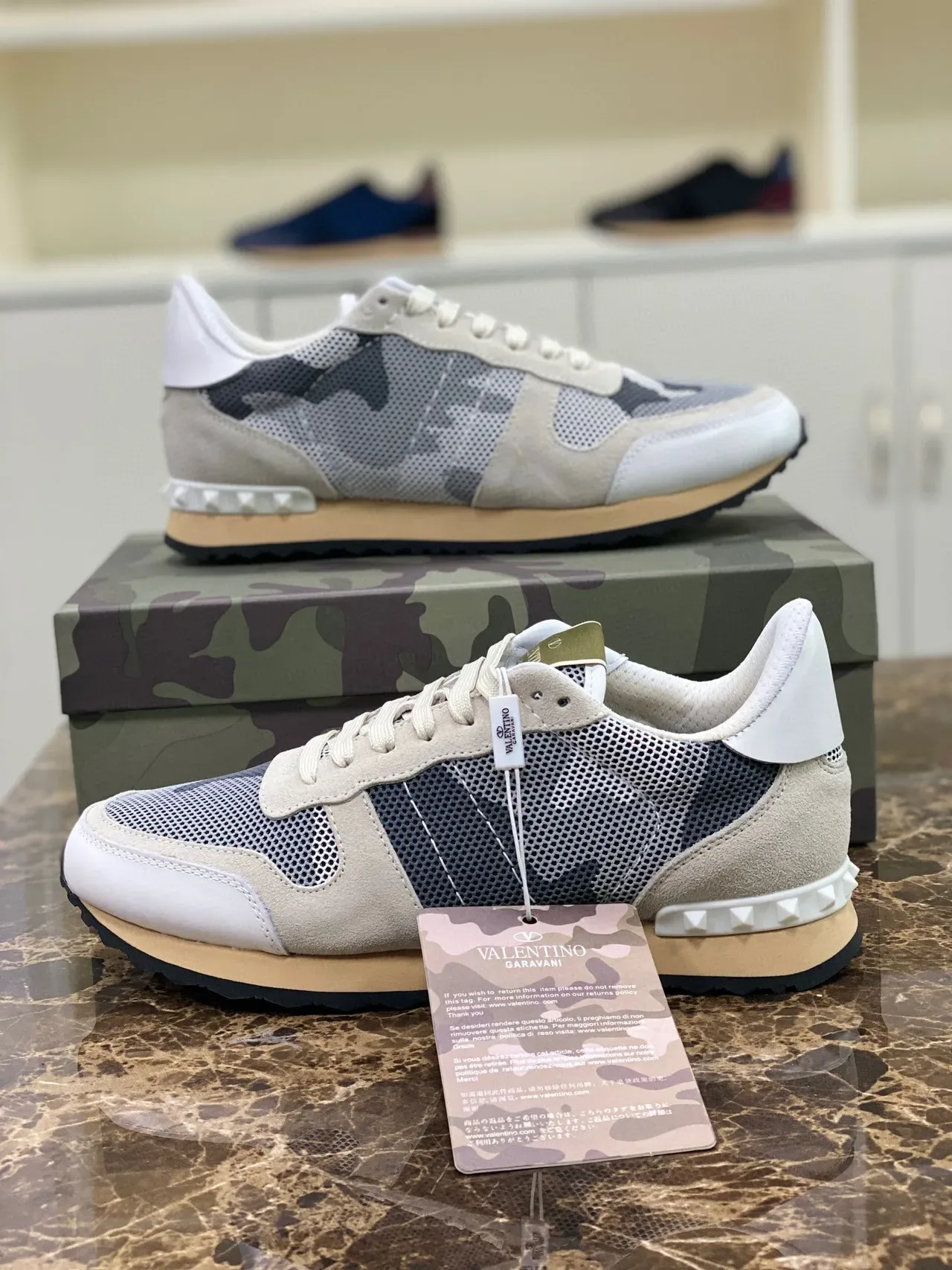 Valentino Rockstud Beige Navy Mesh And Suede Paneling Studded Rubber Sole Lifestyle Sneakers 6
