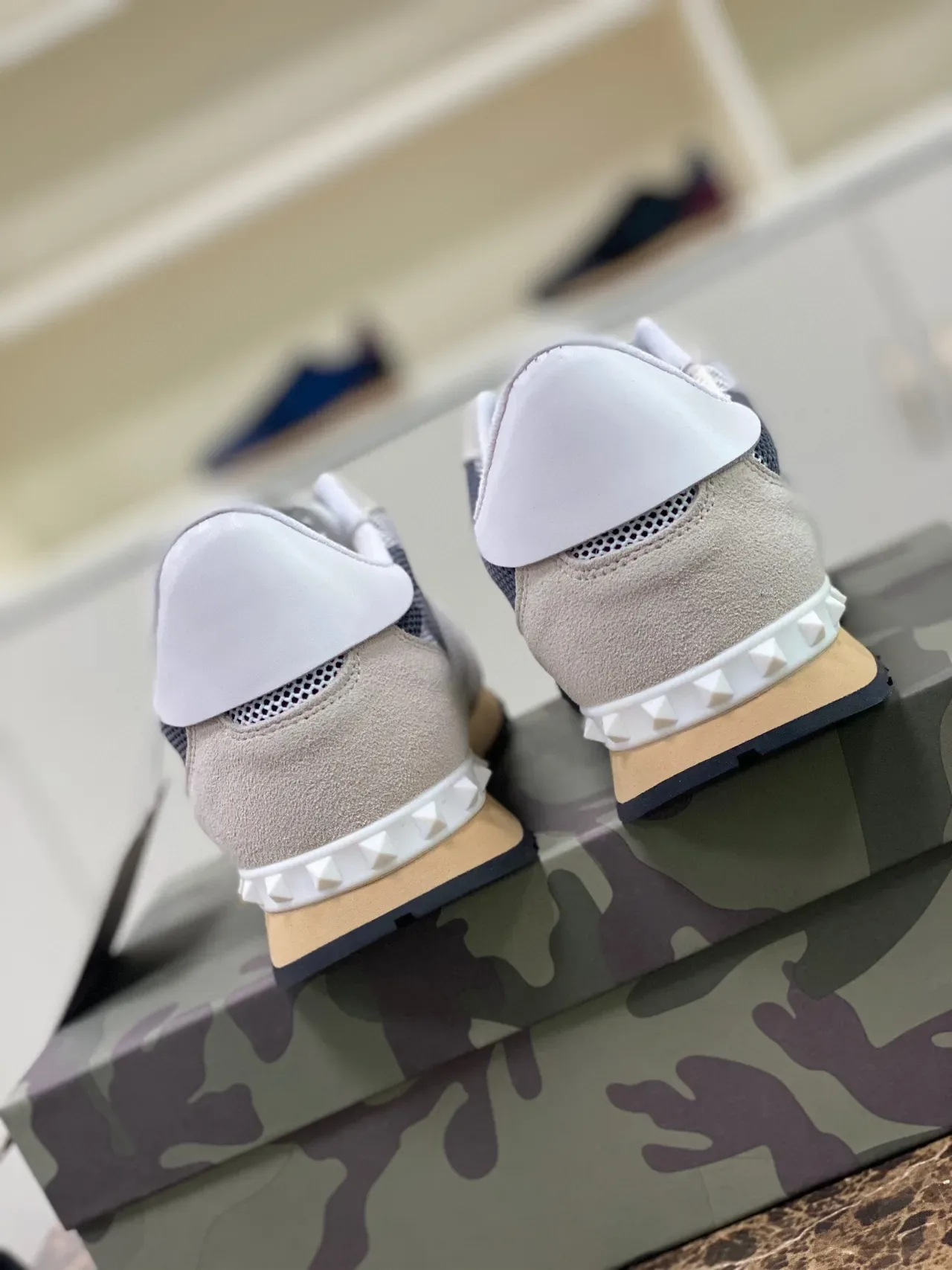 Valentino Rockstud Beige Navy Mesh And Suede Paneling Studded Rubber Sole Lifestyle Sneakers 7