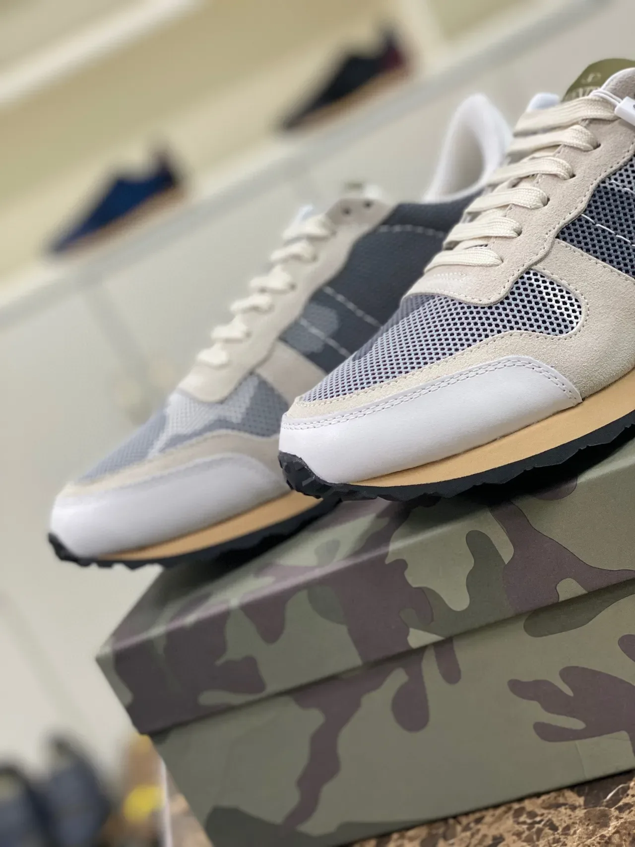 Valentino Rockstud Beige Navy Mesh And Suede Paneling Studded Rubber Sole Lifestyle Sneakers 8