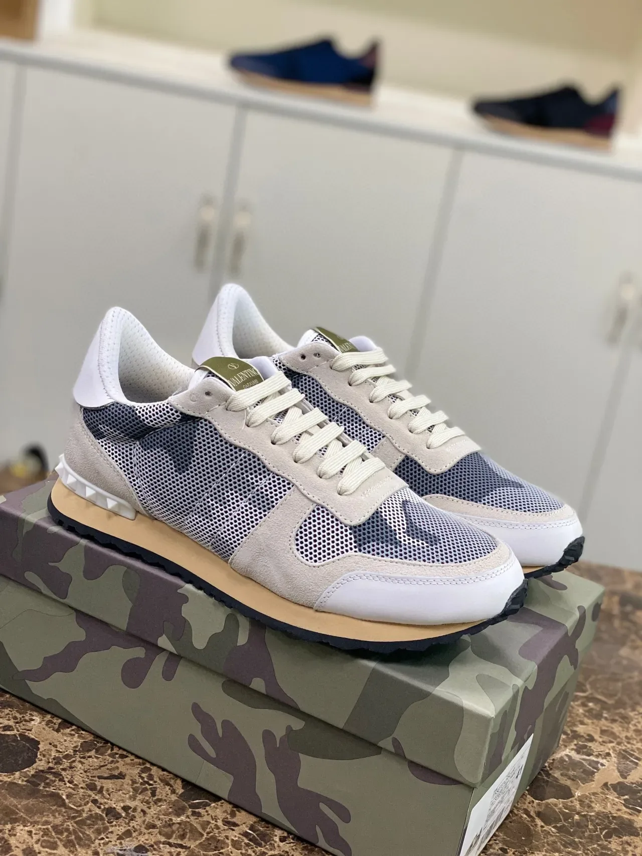 Valentino Rockstud Beige Navy Mesh And Suede Paneling Studded Rubber Sole Lifestyle Sneakers 9