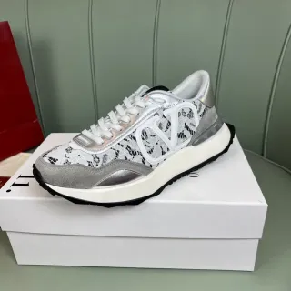 Valentino Silver Black Lace-Patterned Mesh Upper Oversized White V Logo Lifestyle Sneakers
