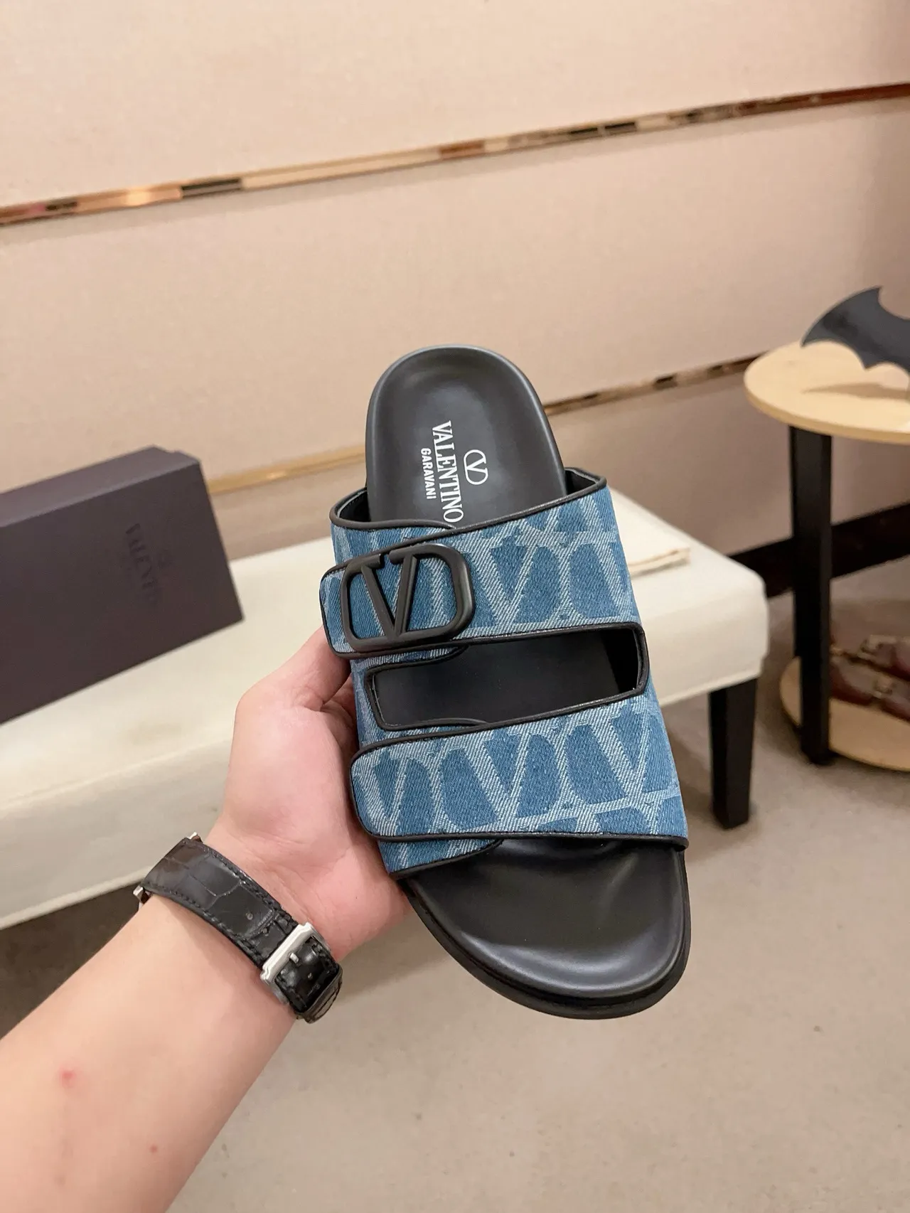 Valentino VLogo Slide Zapatillas Monogram Azul de Correa Doble 2