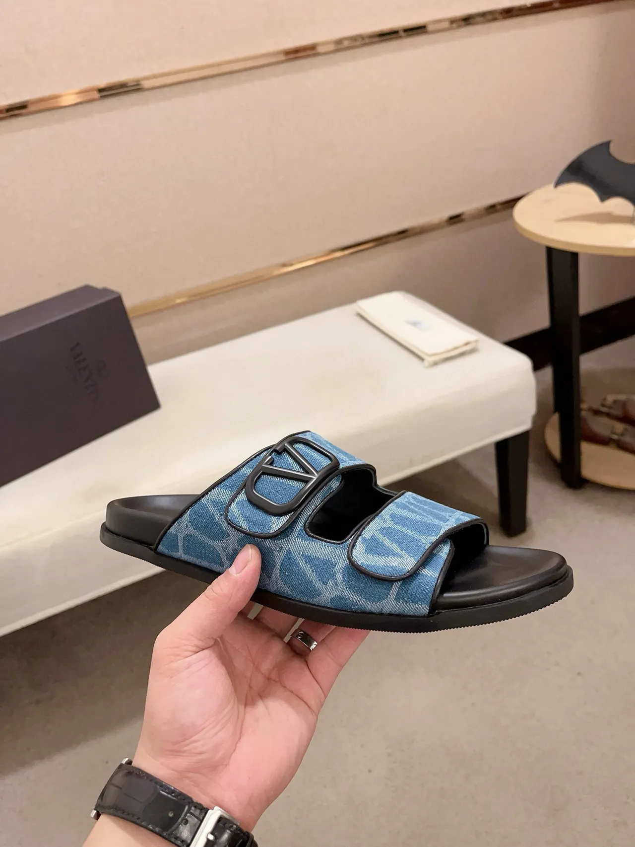 Valentino VLogo Slide Zapatillas Monogram Azul de Correa Doble 4