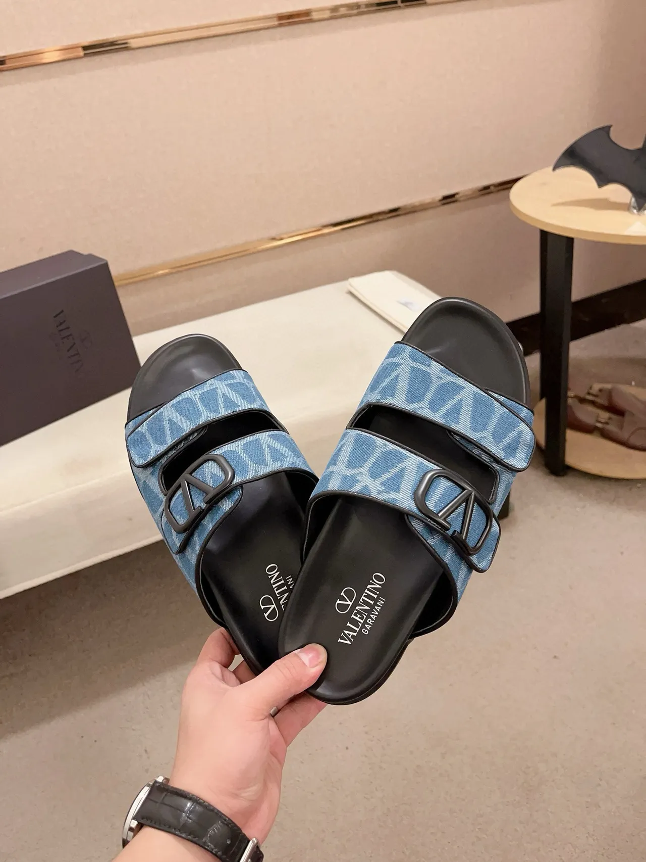 Valentino VLogo Slide Zapatillas Monogram Azul de Correa Doble 5
