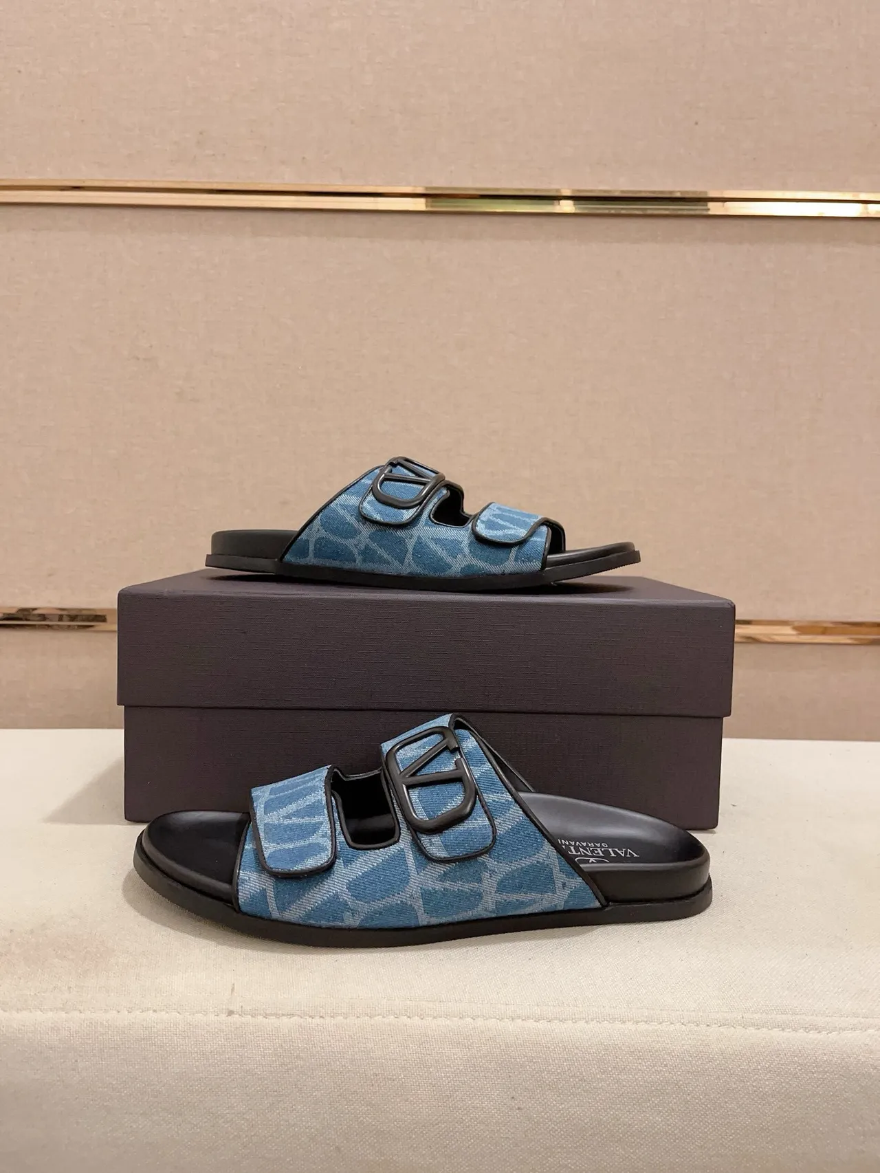 Valentino VLogo Slide Zapatillas Monogram Azul de Correa Doble 7