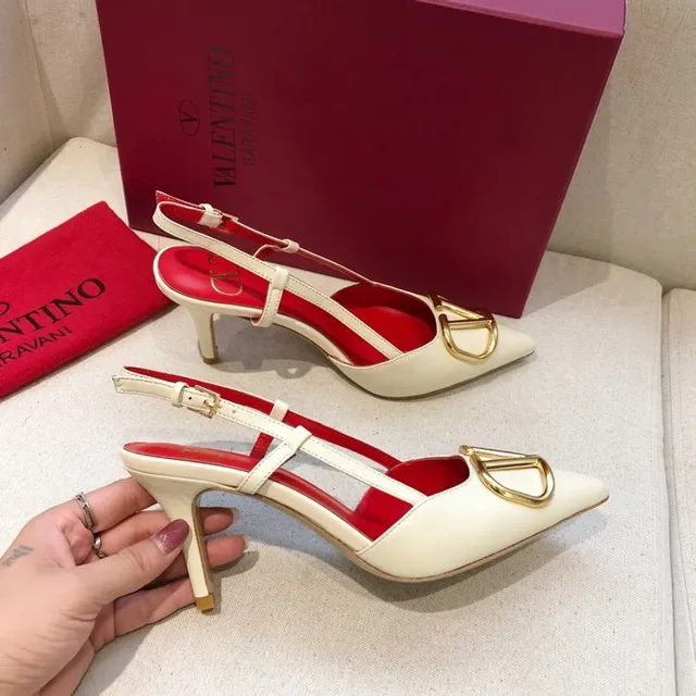 Valentino VLTN Cream and Red Leather VLogo Buckle Pumps 8