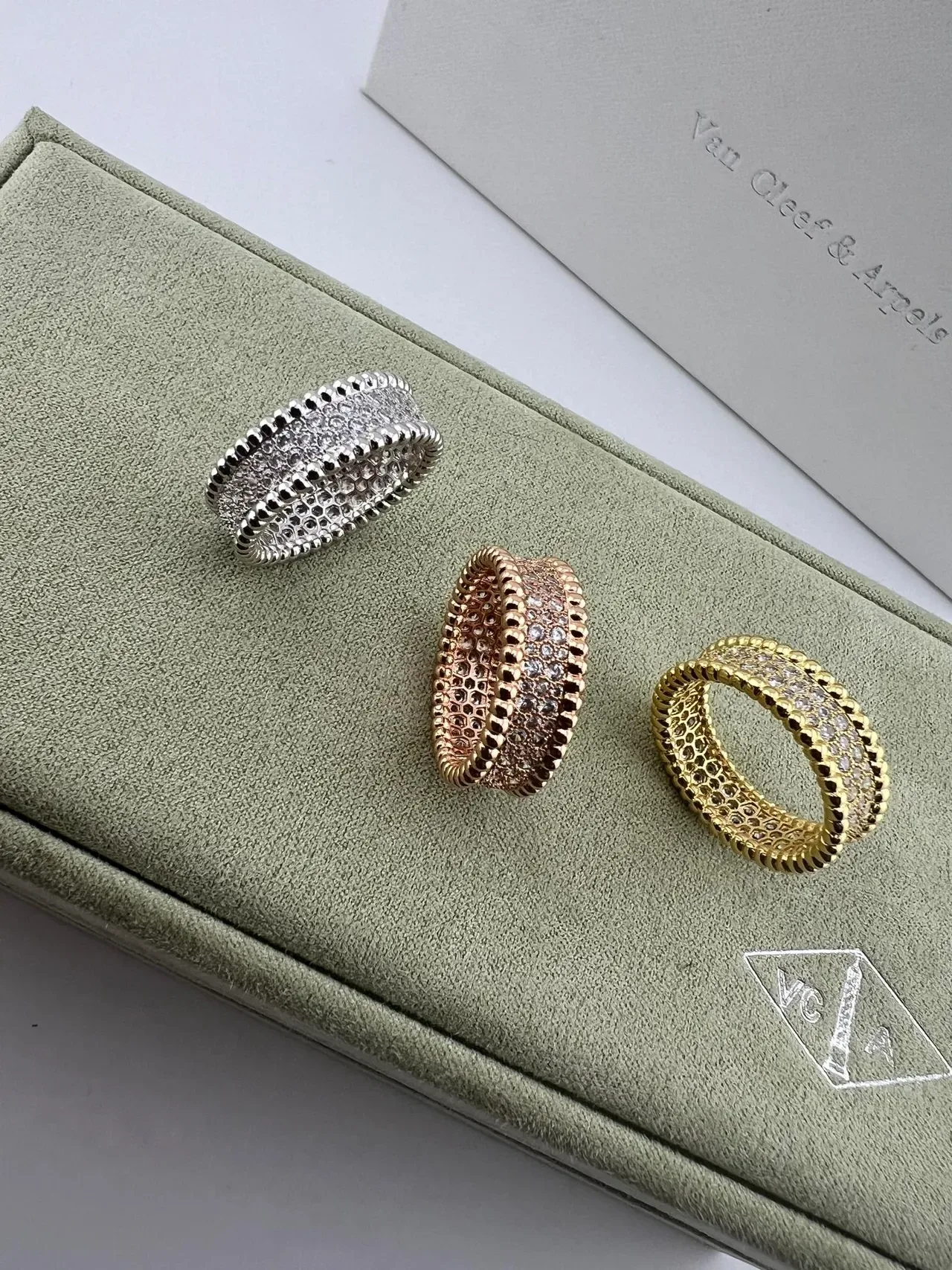 Van Cleef & Arpels Gold Silver Multi-Row Pavé-Set Beaded Edges Ring 5