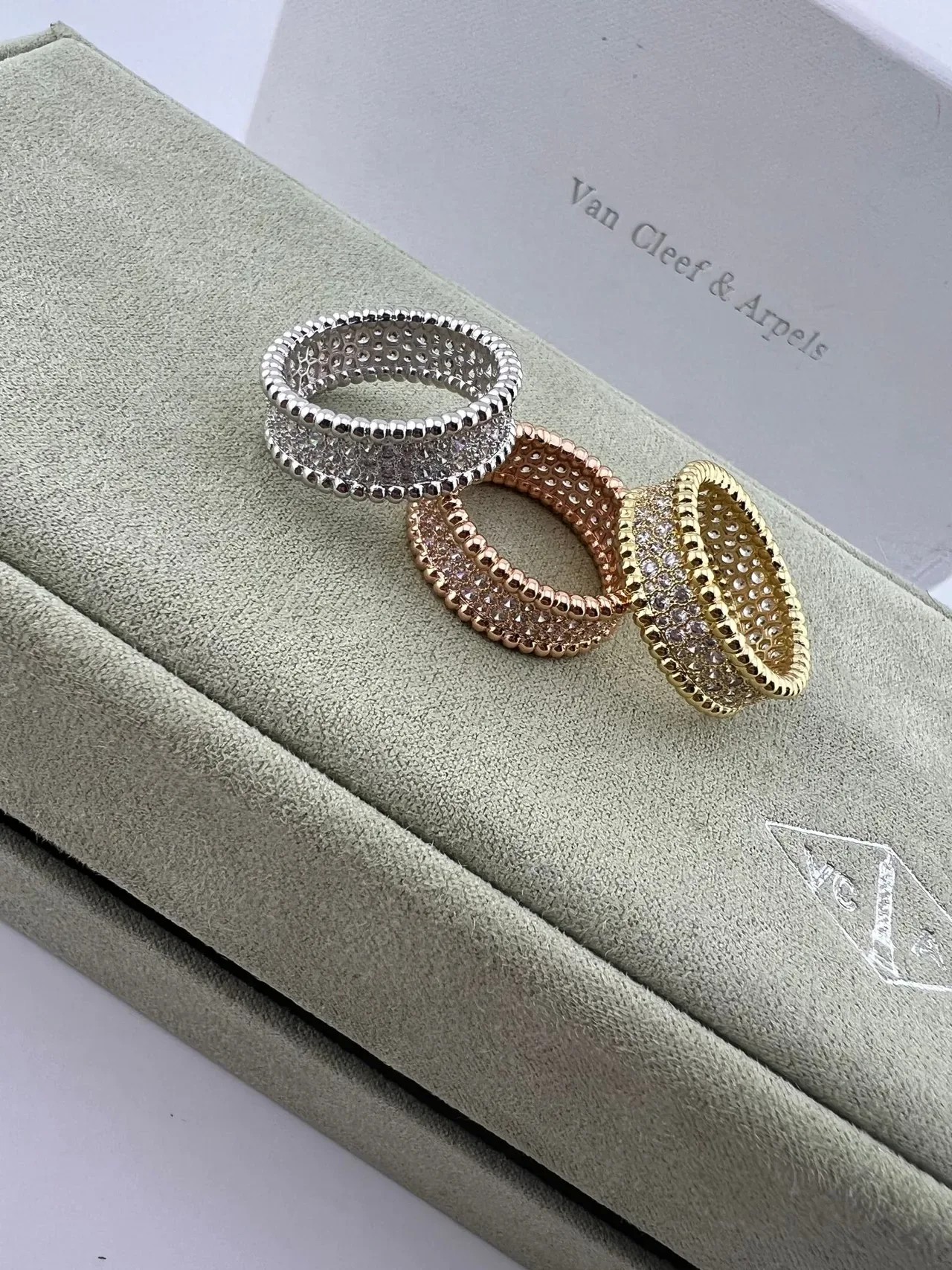 Van Cleef & Arpels Gold Silver Multi-Row Pavé-Set Beaded Edges Ring 6