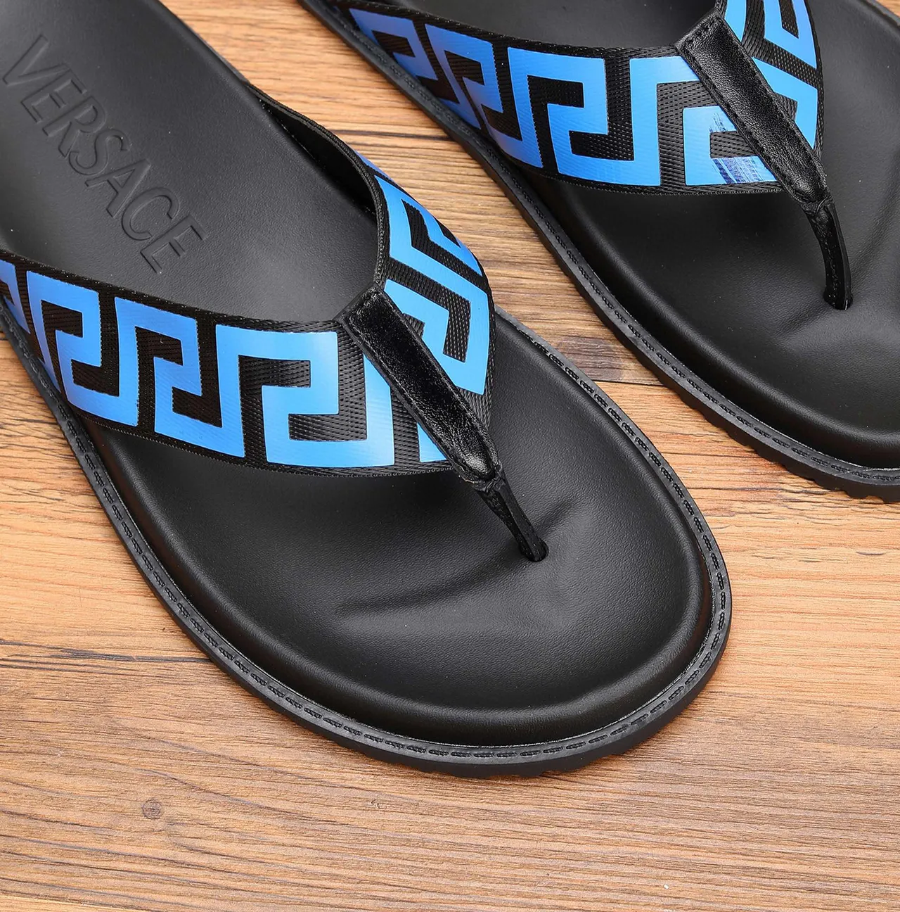 Versace Black Blue Greca-Patterned Strap Molded Rubber Sole Slippers 3