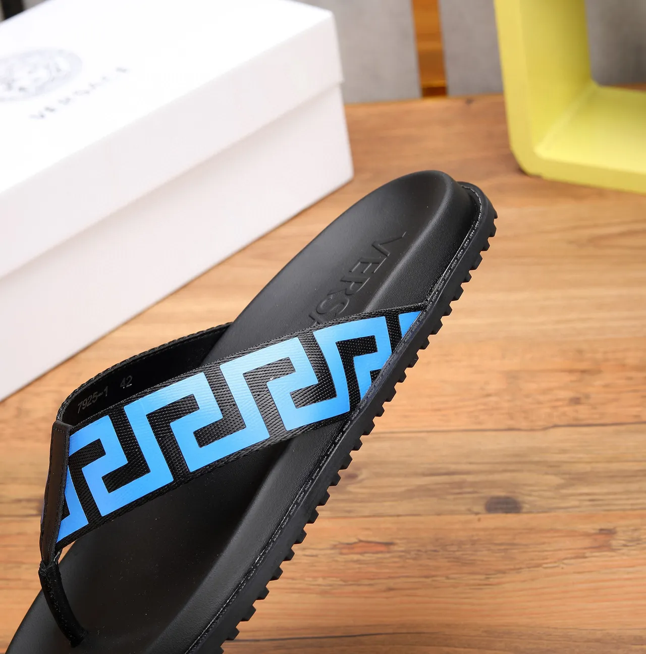 Versace Black Blue Greca-Patterned Strap Molded Rubber Sole Slippers 4