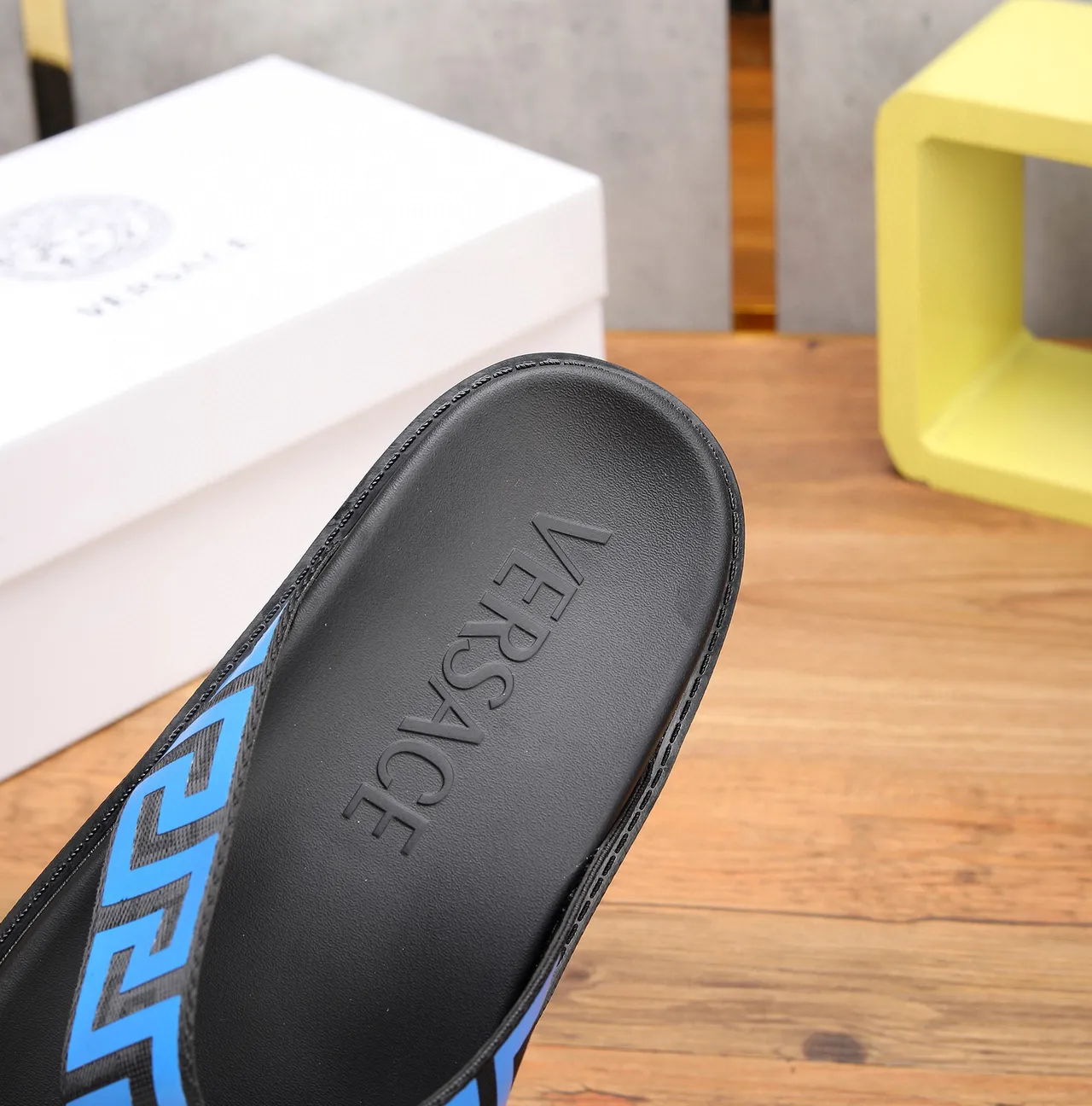 Versace Black Blue Greca-Patterned Strap Molded Rubber Sole Slippers 5