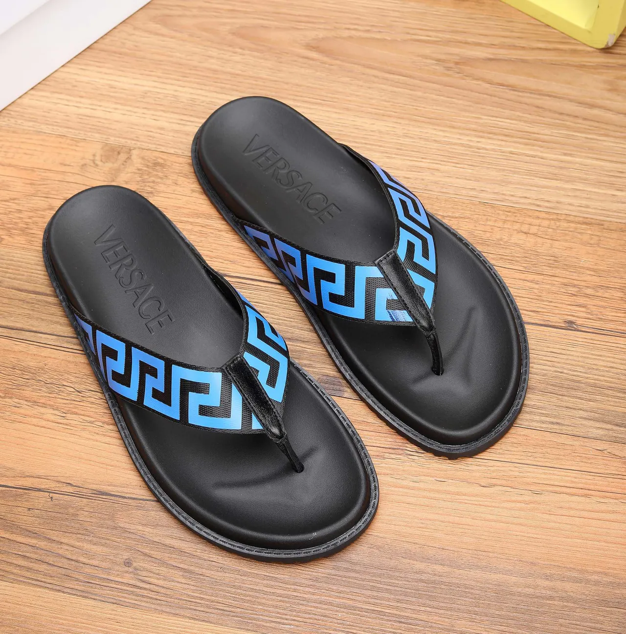 Versace Black Blue Greca-Patterned Strap Molded Rubber Sole Slippers 6